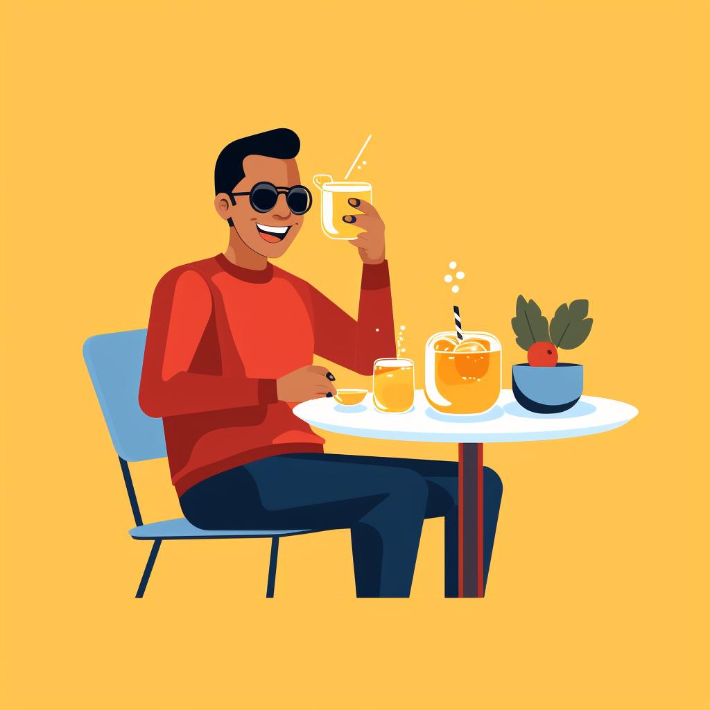 A person enjoying a meal and a mocktail.
