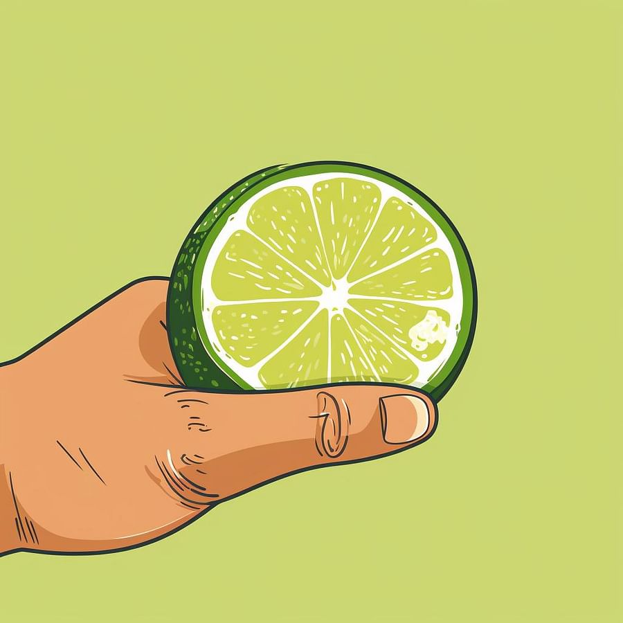 A hand squeezing a lime half over a cup.