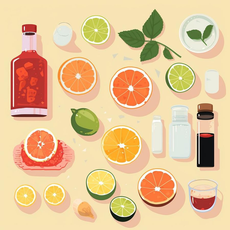 Ingredients for a basic mocktail laid out on a table